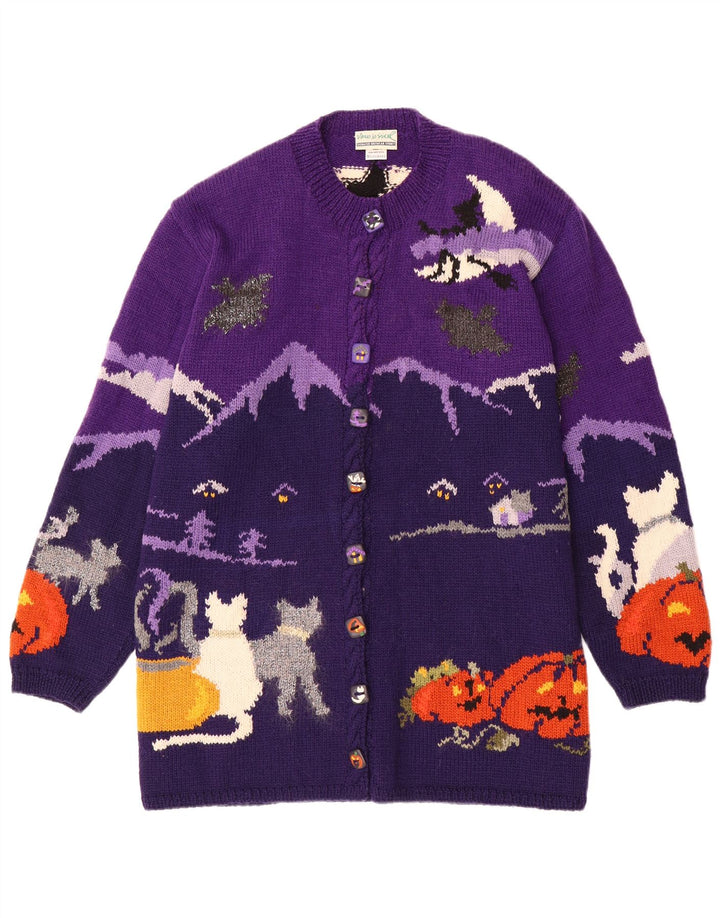 VINTAGE Womens Graphic Cardigan Sweater UK 20 2XL Purple Colourblock Wool