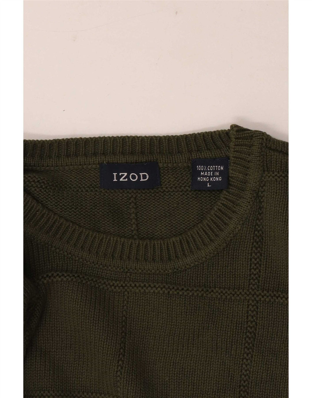 Izod Mens Crew Neck Jumper Sweater Large Khaki Check Cotton