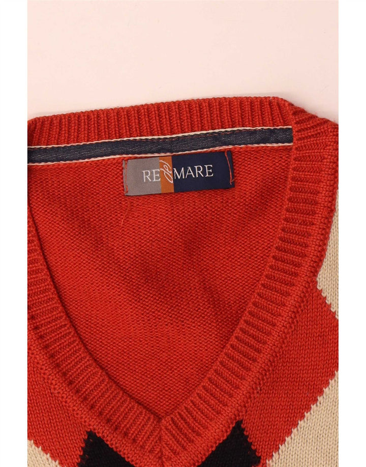Re Del Mare Mens V-Neck Jumper Sweater Medium Orange Argyle/Diamond Wool