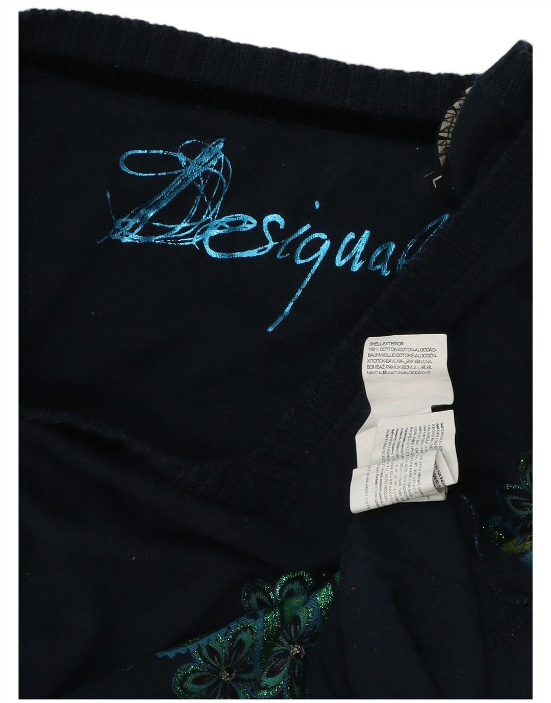 DESIGUAL Womens Graphic Top Long Sleeve UK 14 Large Navy Blue Floral