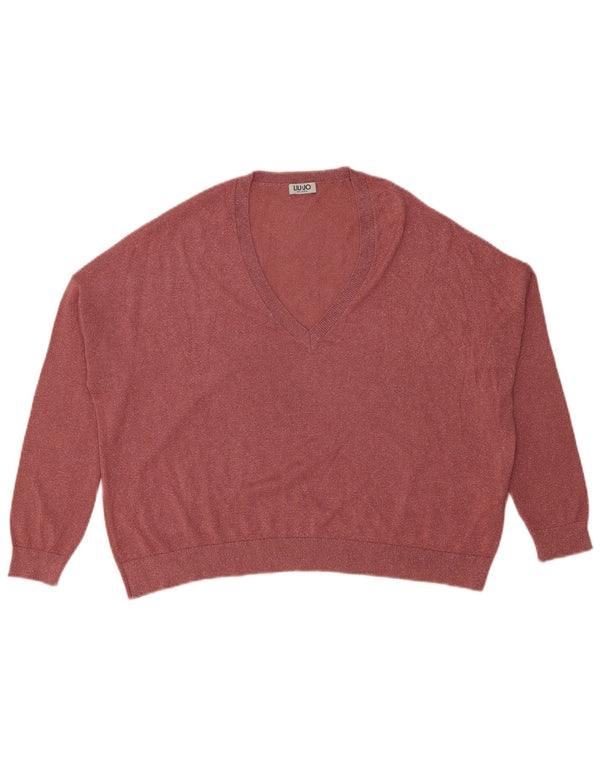 Liu Jo Womens Oversized V-Neck Jumper Sweater UK 16 Large Pink Viscose