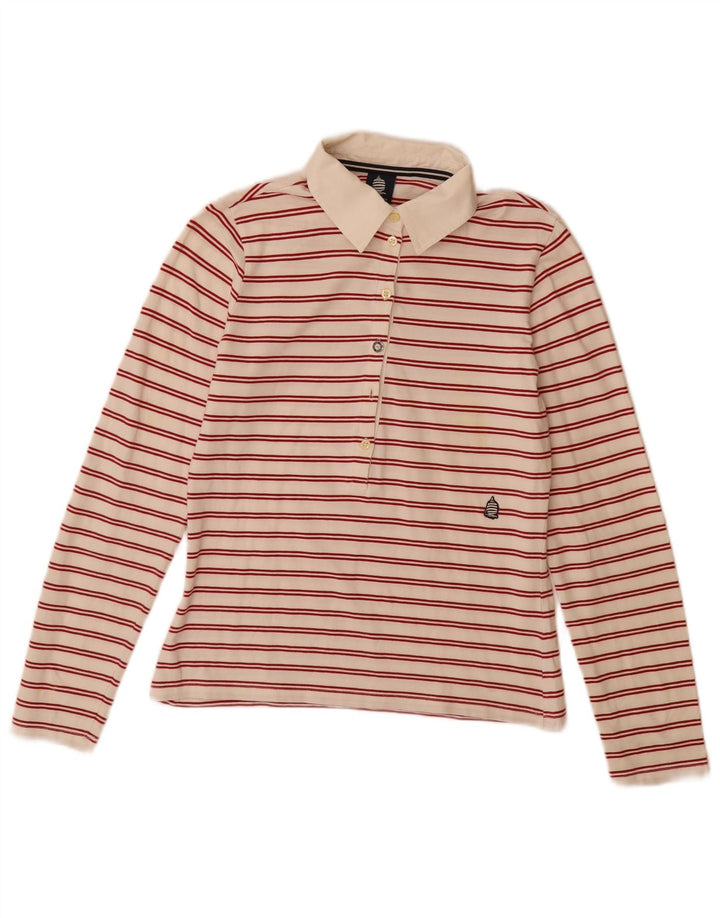 MARINA YACHTING Womens Rugby Polo Shirt UK 12 Medium Off White Striped