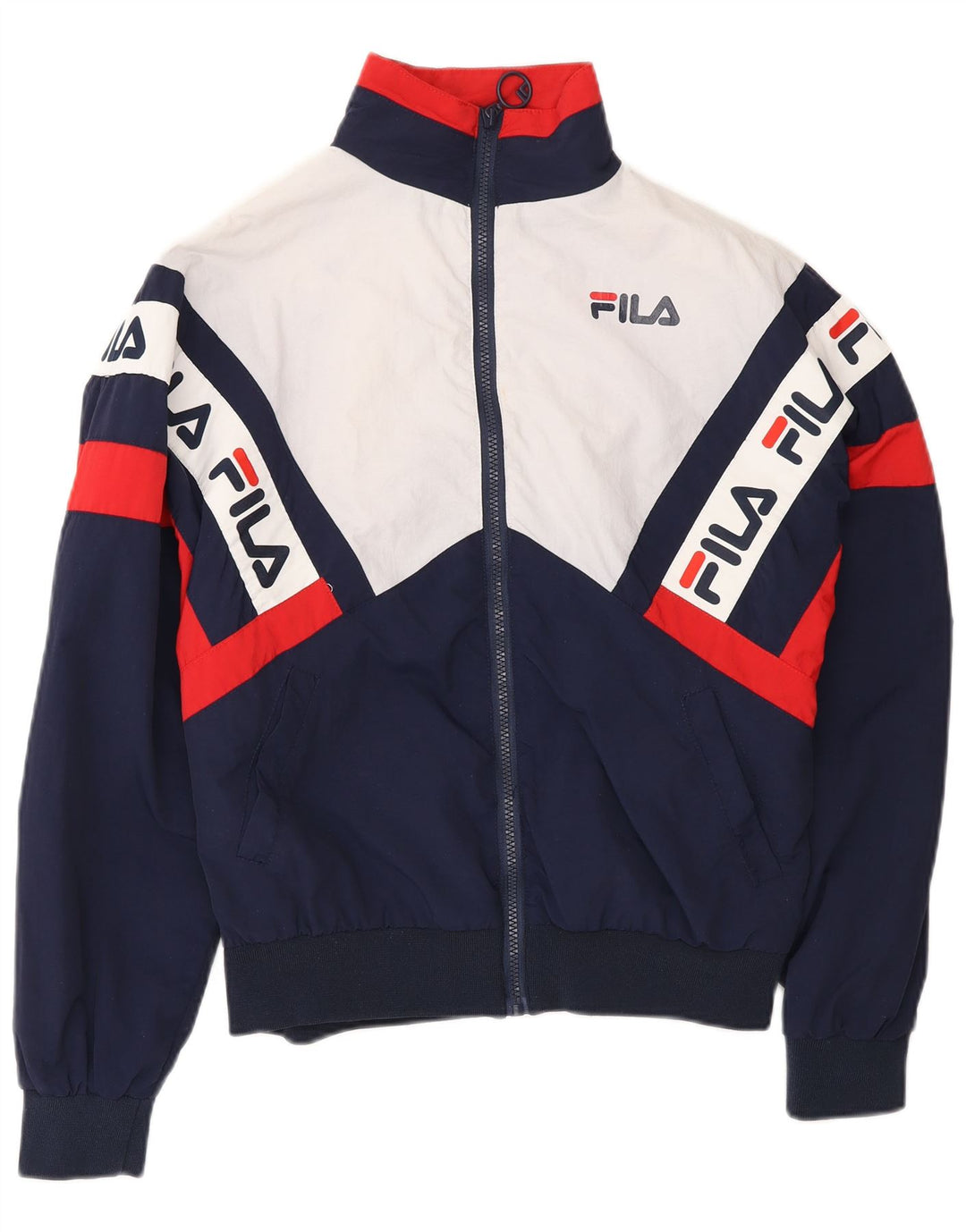 FILA Womens Oversized Tracksuit Top Jacket UK 6 XS Navy Blue Colourblock