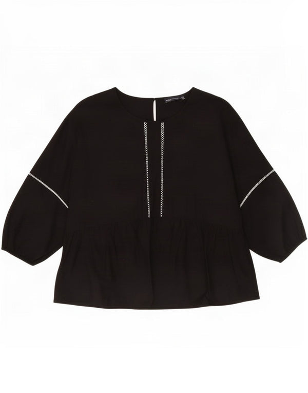 Marks & Spencer Womens Long Sleeve Blouse Top UK 12 Medium Black Cotton