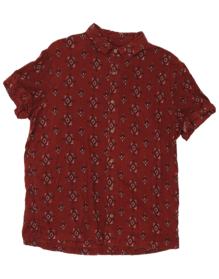 PULL & BEAR Mens Short Sleeve Shirt Medium Maroon Geometric Viscose