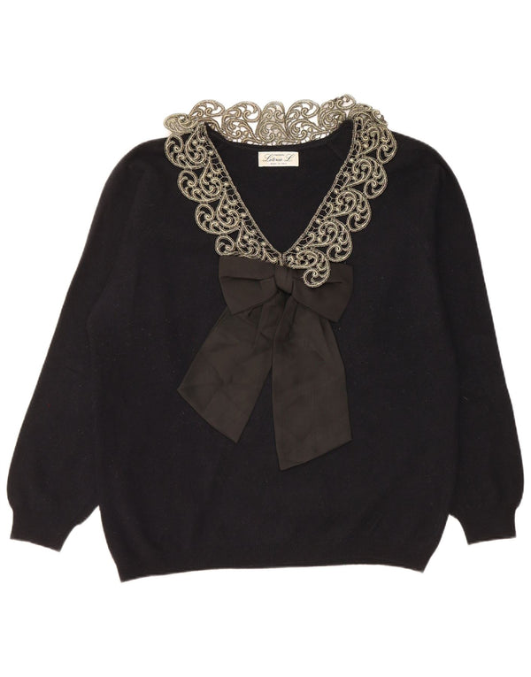 LETIZIA L. Womens V-Neck Jumper Sweater UK 16 Large Black Paisley Wool