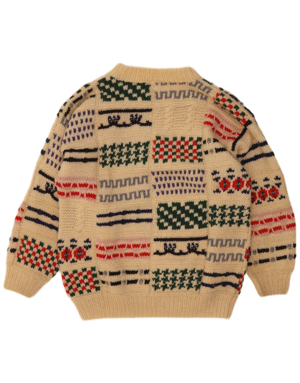 Vintage Mens Crew Neck Jumper Sweater Medium Beige Patchwork Wool