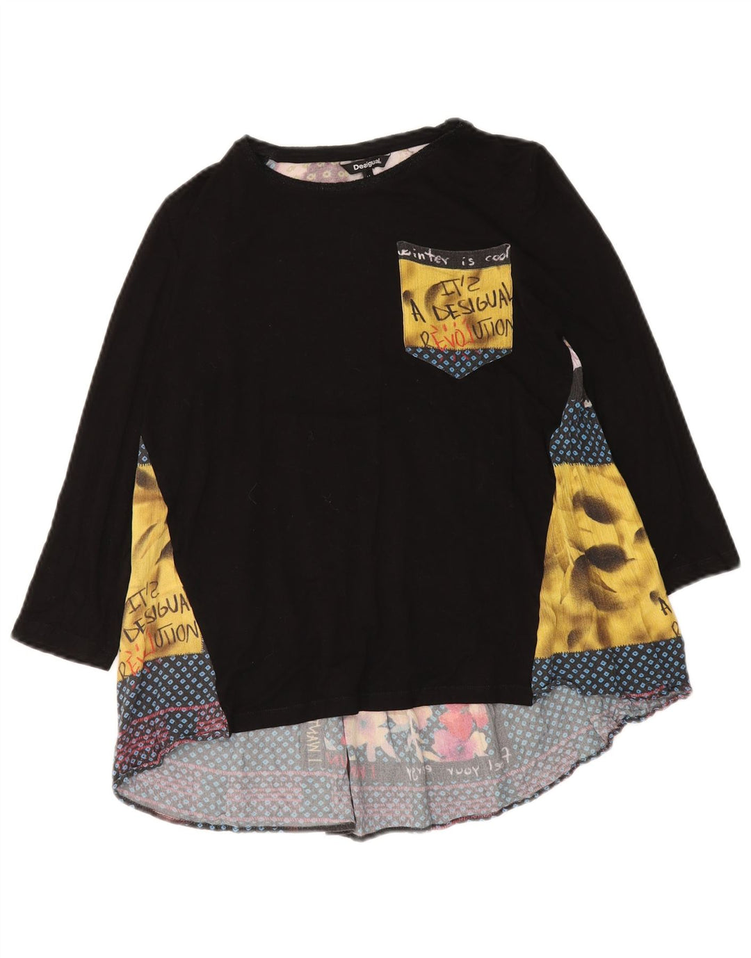 DESIGUAL Womens Graphic Top Long Sleeve UK 12 Medium Black Patchwork