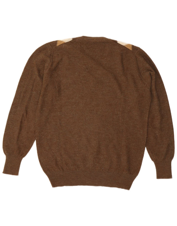 Vintage Mens V-Neck Jumper Sweater Large Brown Argyle/Diamond