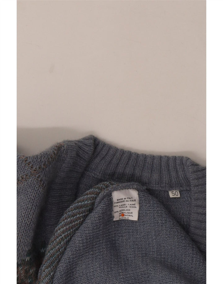 VINTAGE Mens V-Neck Jumper Sweater IT 50 Medium Blue Argyle/Diamond Wool