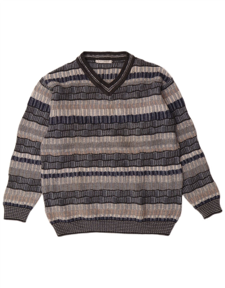 NARAMAGLIE Mens V-Neck Jumper Sweater Large Blue Striped Acrylic
