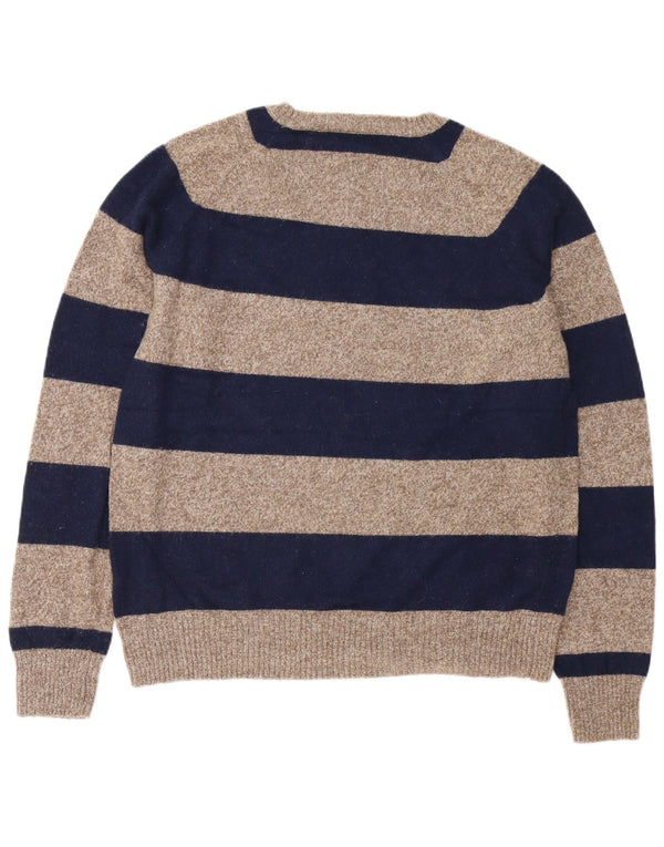 J. CREW Mens Crew Neck Jumper Sweater Large Navy Blue Striped Polyamide