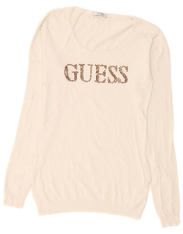 Guess Womens Graphic Boat Neck Jumper Sweater UK 14 Large White Viscose