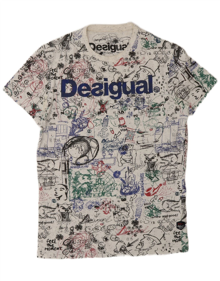 DESIGUAL Mens Abstract Pattern Graphic T-Shirt Top Medium White Cotton