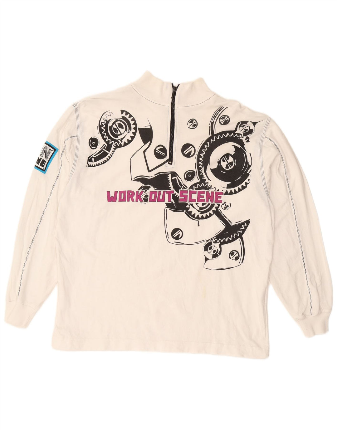 VINTAGE Mens Graphic Zip Neck Sweatshirt Jumper 2XL White Cotton