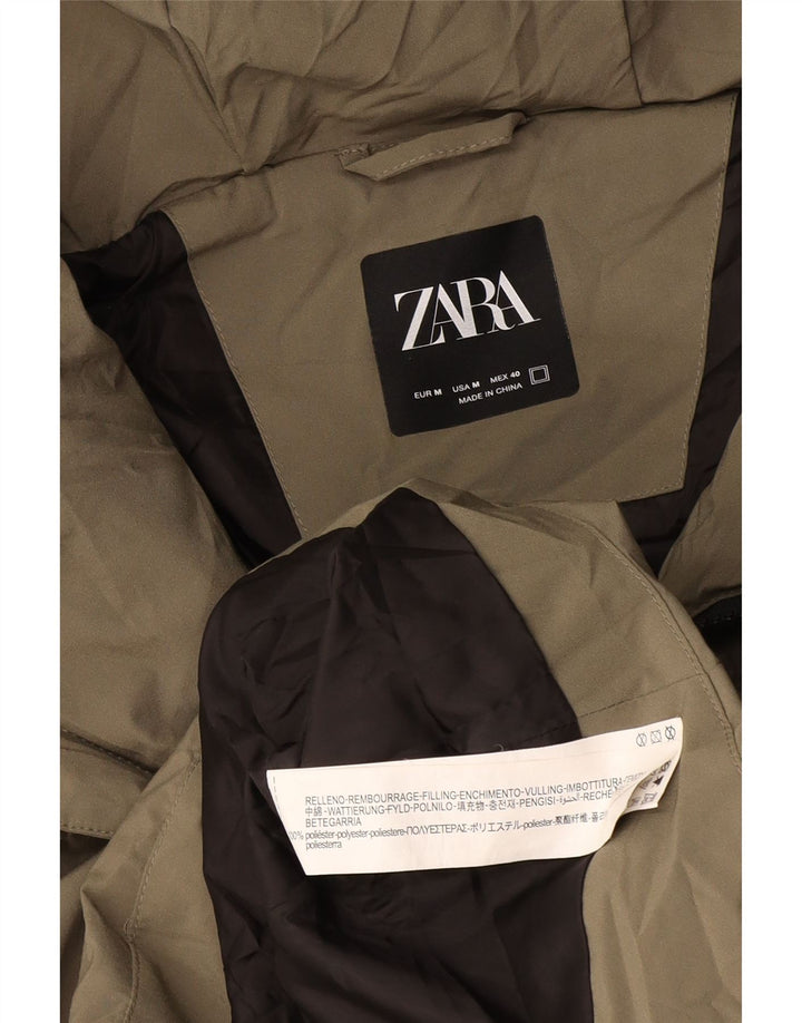 Zara Mens Hooded Padded Jacket UK 38 Medium Khaki Polyester