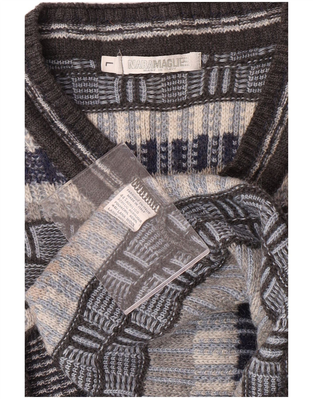 NARAMAGLIE Mens V-Neck Jumper Sweater Large Blue Striped Acrylic