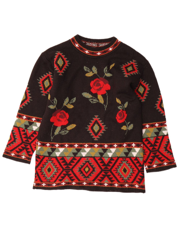 KOOKAI Womens Crew Neck Jumper Sweater UK 14 Medium Black Floral Wool