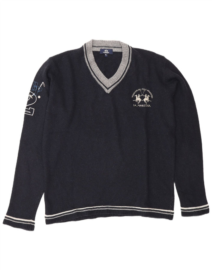La Martina Mens Graphic V-Neck Jumper Sweater XL Navy Blue