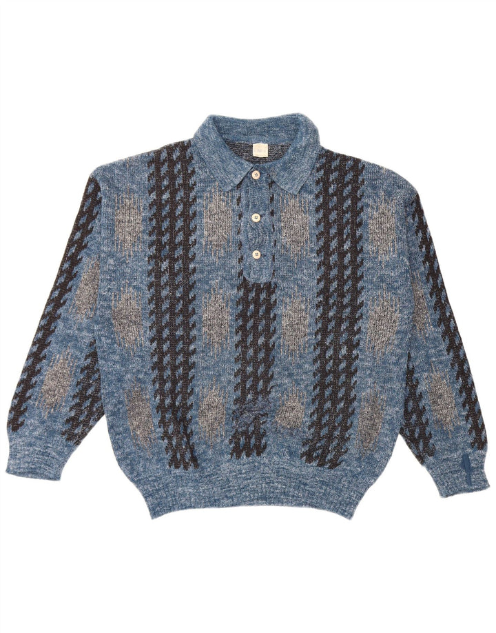 Vintage Mens Polo Neck Jumper Sweater Medium Blue Geometric