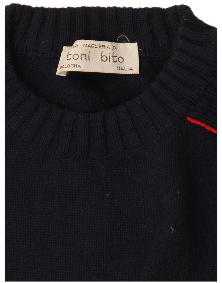 Vintage Mens Crew Neck Jumper Sweater Medium Navy Blue Striped