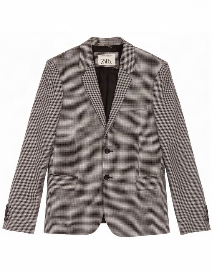 Zara Mens 2 Button Blazer Jacket EU 46 Small Black Houndstooth Wool