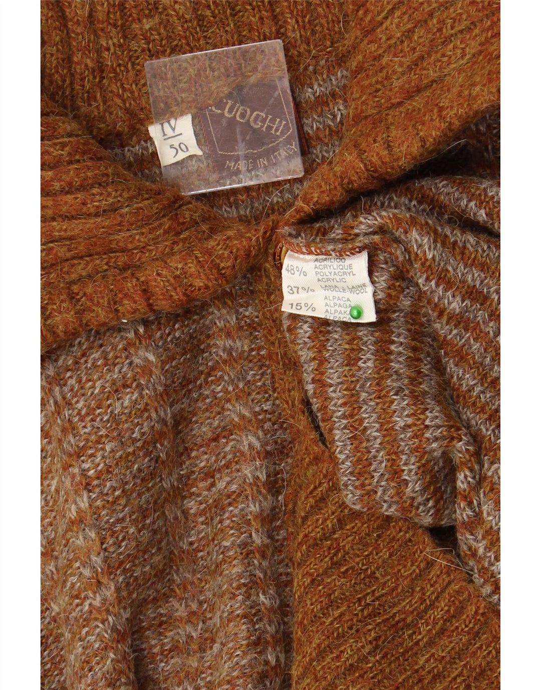VINTAGE Mens Polo Neck Jumper Sweater IT 50 Medium Brown Striped Acrylic