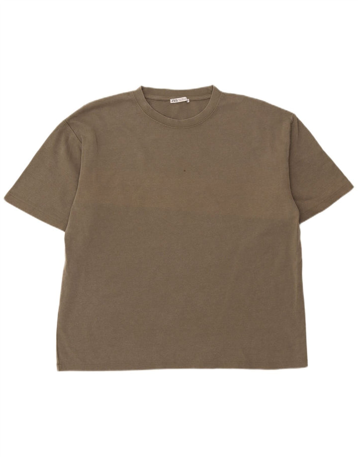 ZARA Mens T-Shirt Top Large Khaki Cotton