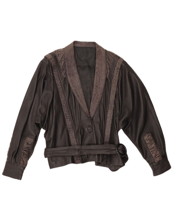 VINTAGE Womens Leather Jacket IT 48 XL Black Geometric Leather