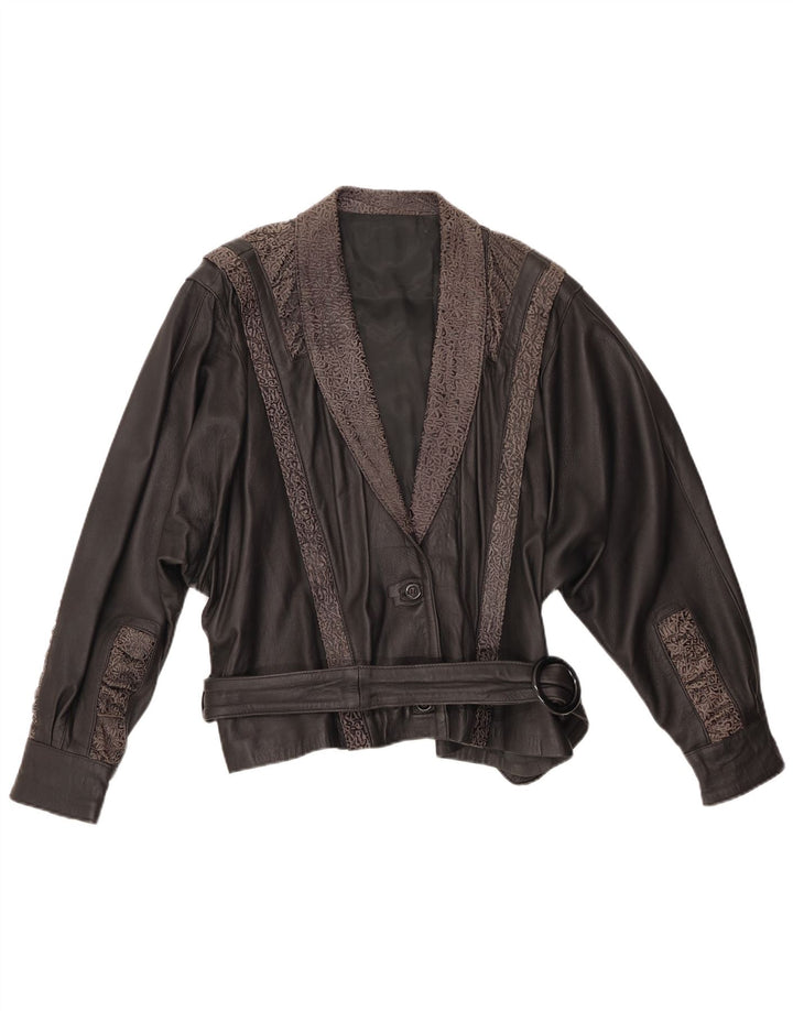 VINTAGE Womens Leather Jacket IT 48 XL Black Geometric Leather