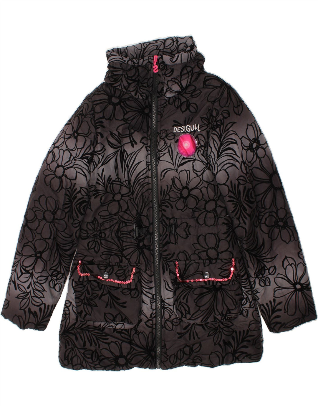 DESIGUAL Girls Windbreaker Jacket 9-10 Years Black Floral Polyester Vintage Desigual and Second-Hand Desigual from Messina Hembry 
