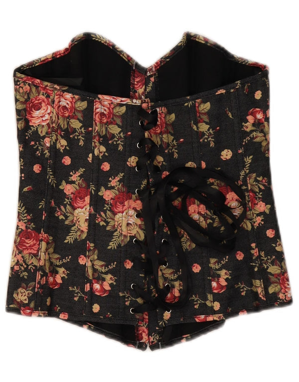 Vintage Womens Corset Top UK 14 Large Black Floral Polyester