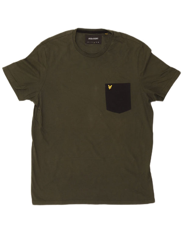 LYLE & SCOTT Mens T-Shirt Top Large Khaki Colourblock Cotton