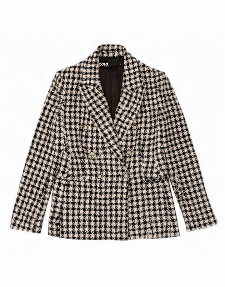 Zara Womens Double Breasted Blazer Jacket UK 6 XS Black Gingham Polyester