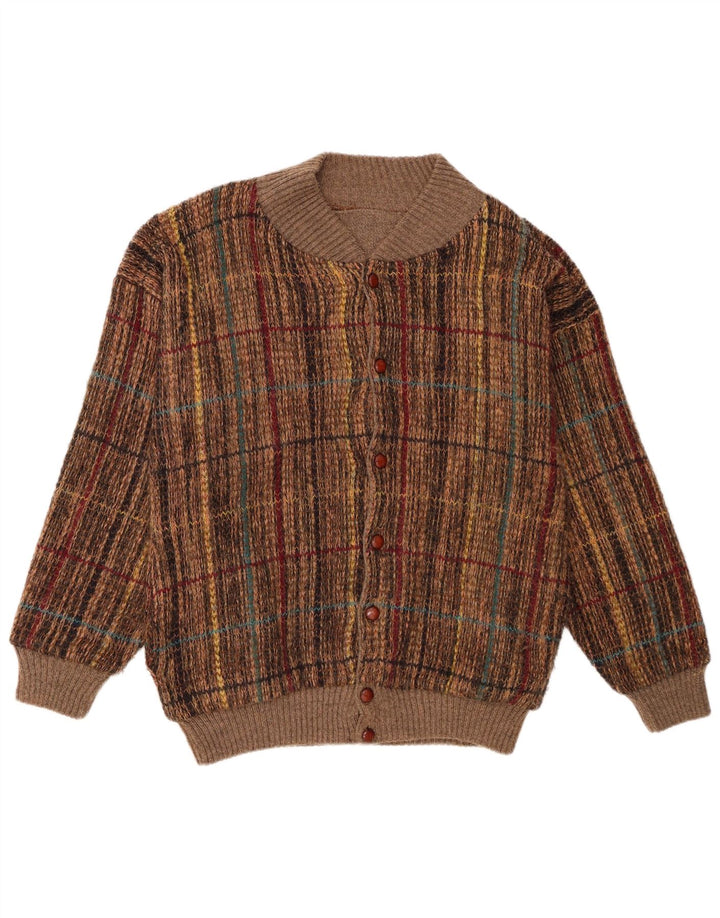 Vintage Mens Cardigan Sweater Large Brown Check Acrylic