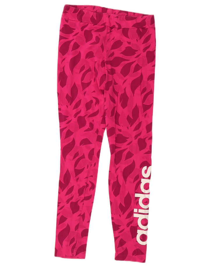 ADIDAS Girls Graphic Leggings 14-15 Years Pink Floral Cotton