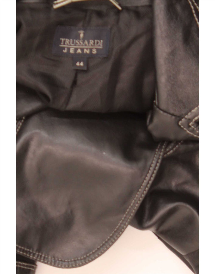Trussardi Jeans Womens 2 Button Leather Blazer Jacket UK 44 Medium Black