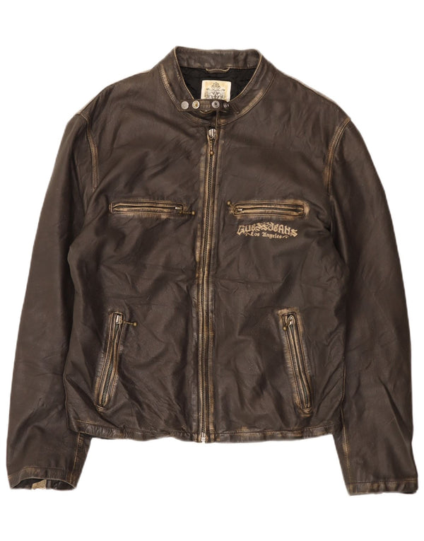 GUESS Mens Leather Racer Jacket UK 40 Large Brown Leather
