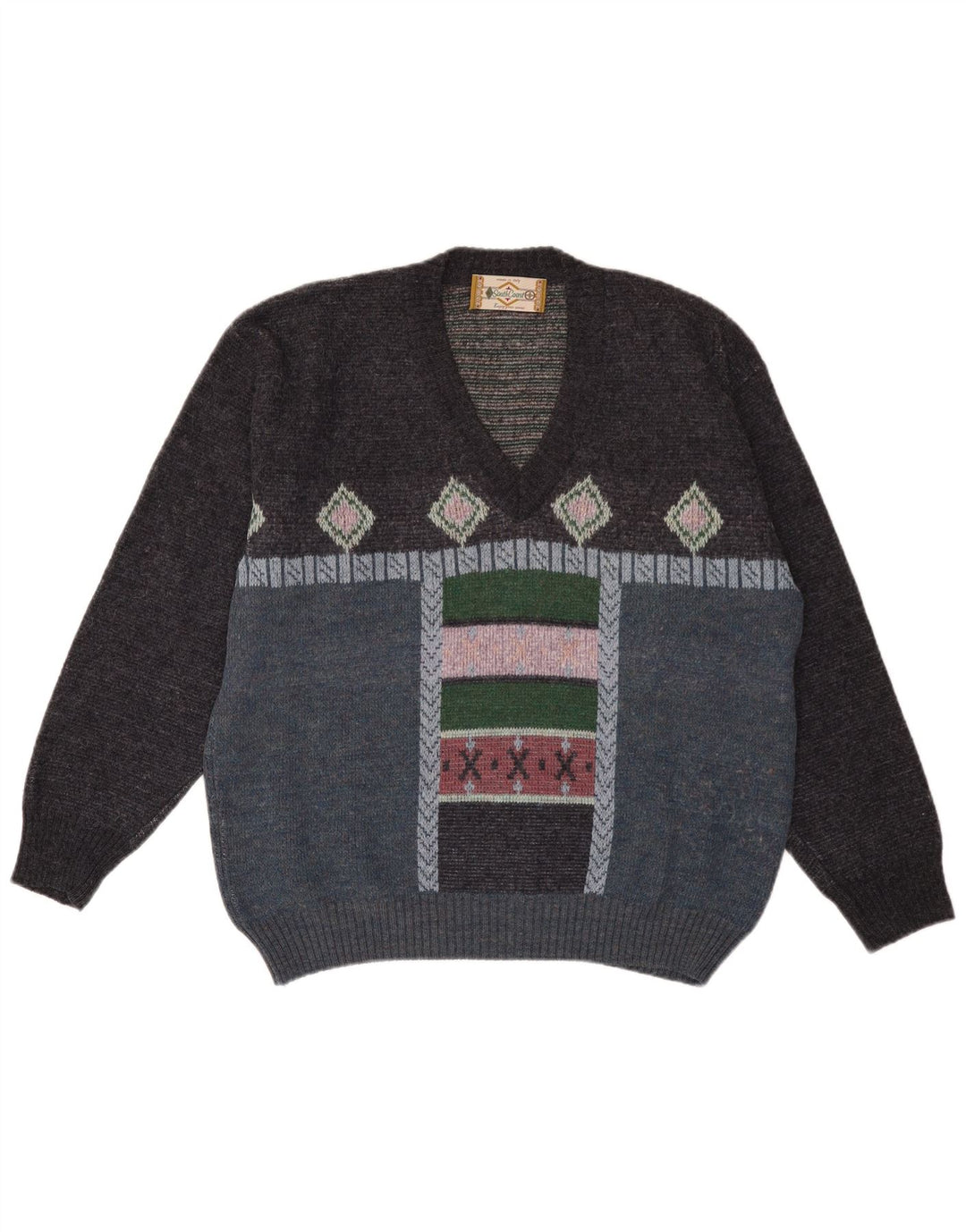 South Coast Mens V-Neck Jumper Sweater Large Multicoloured Geometric