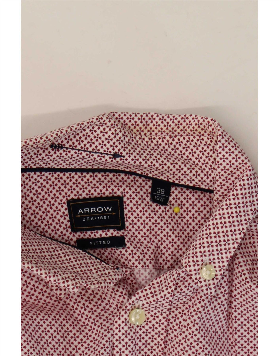 Arrow Mens Fitted Shirt Size 39 15 1/2 Medium Red Geometric