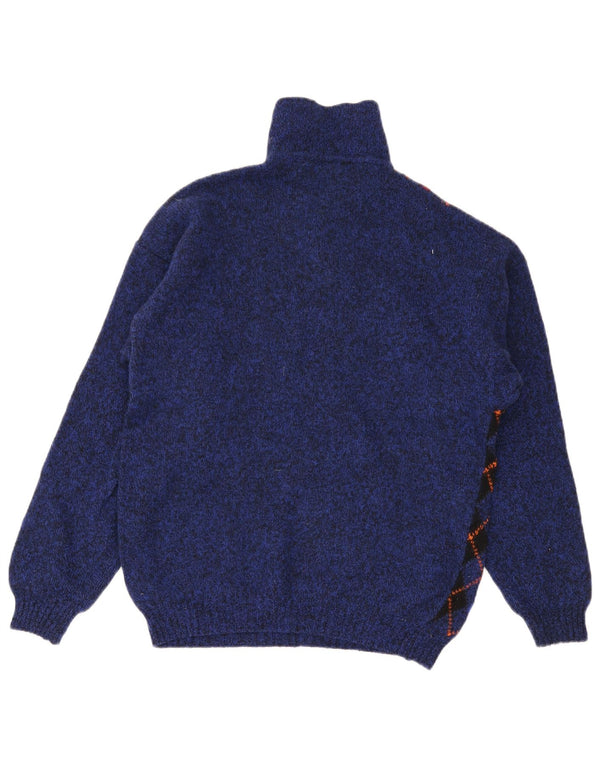 Benetton Mens Polo Neck Jumper Sweater IT 48 Small Blue Argyle/Diamond Wool