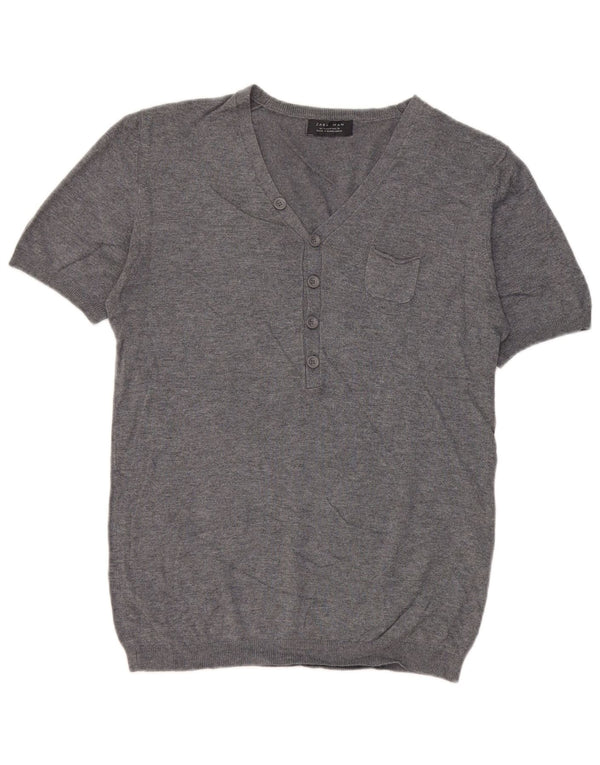 Zara Mens Short Sleeve V-Neck Jumper Sweater Medium Grey Viscose
