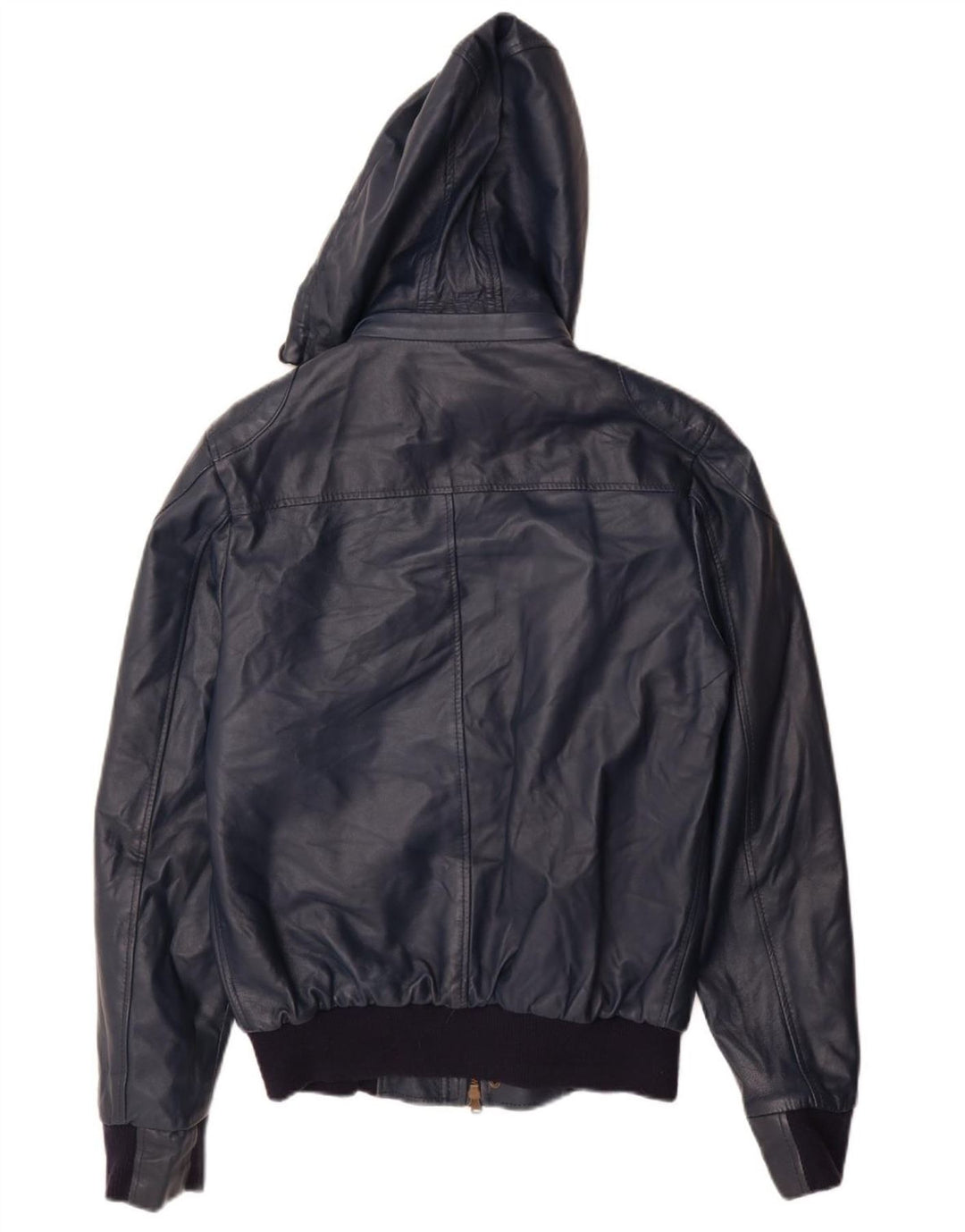 VINTAGE Womens Hooded Leather Jacket UK 14 Large Navy Blue Leather