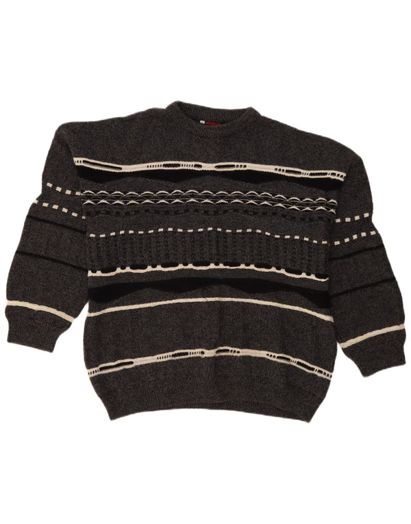 Vintage Mens Crew Neck Jumper Sweater 2XL Grey Striped Wool