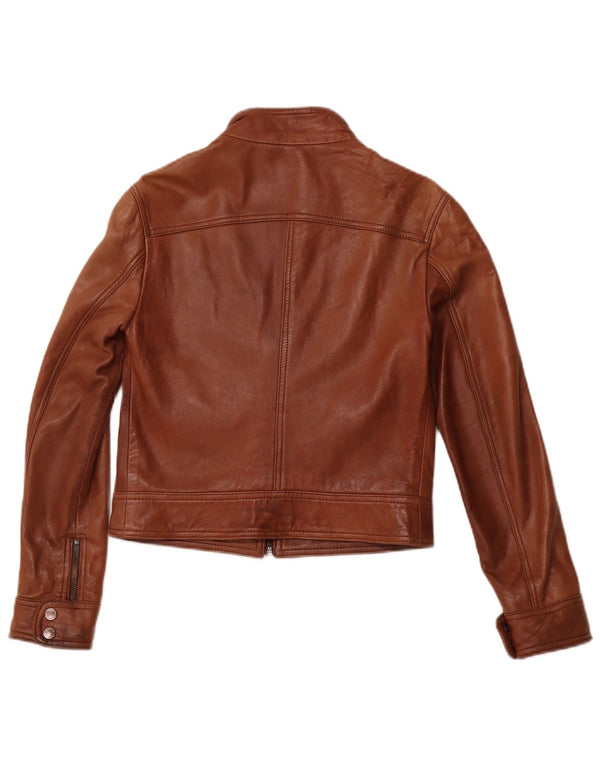 MASSIMO DUTTI Womens Crop Leather Jacket UK 10 Small Brown Sheepskin
