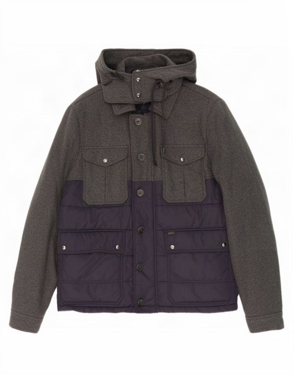 Tommy Hilfiger Mens Hooded Padded Jacket UK 40 Large Grey Colourblock