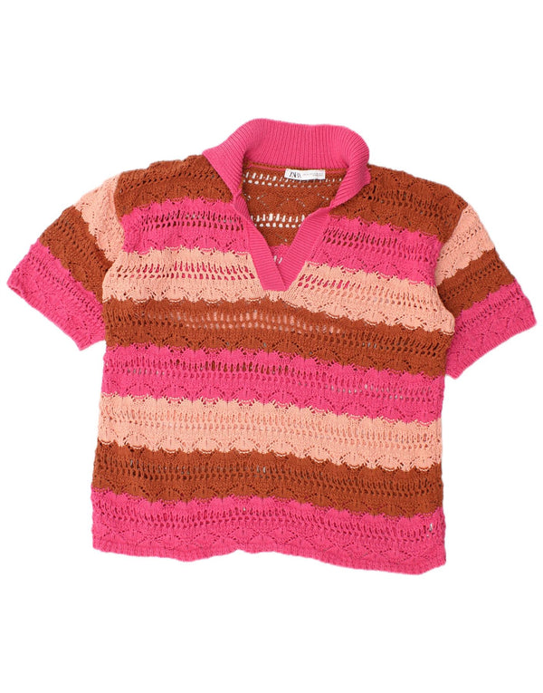 Zara Womens Short Sleeve Polo Neck Jumper Sweater UK 16 Large Multicoloured