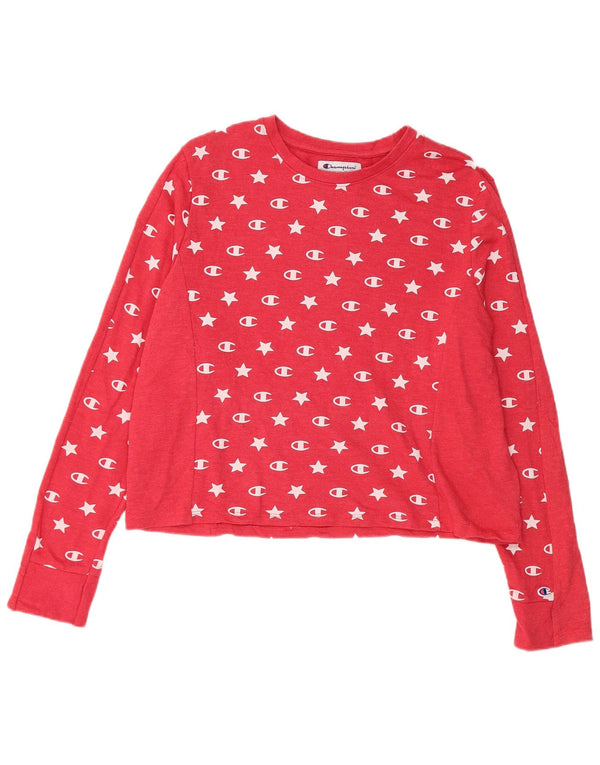 Champion Womens Crop Graphic Top Long Sleeve UK 14 Large Red Cotton