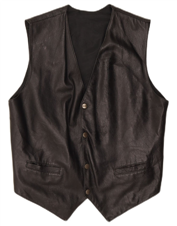 Vintage Mens Leather Waistcoat Medium Black
