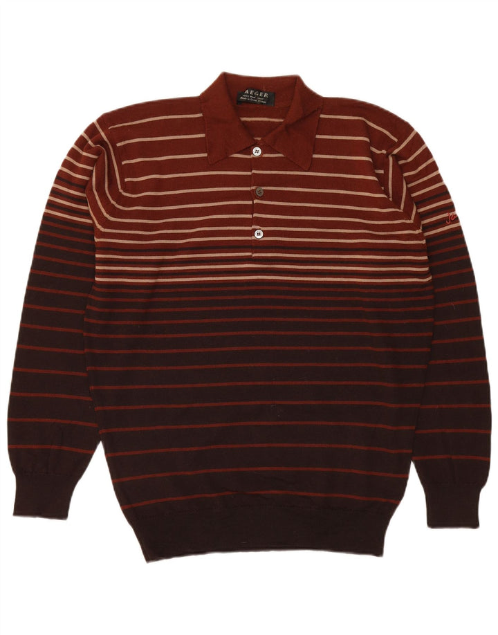 Jaeger Mens Polo Neck Jumper Sweater Small Brown Striped Wool